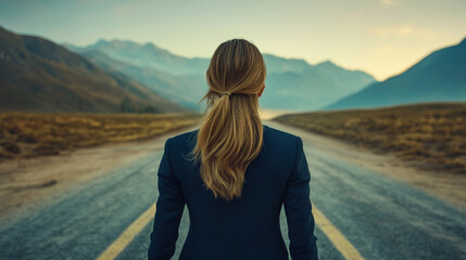 Naklejka premium businesswoman stands at a crossroads, symbolizing career decisions and choices. The scene reflects the challenges of navigating professional paths and making impactful decisions