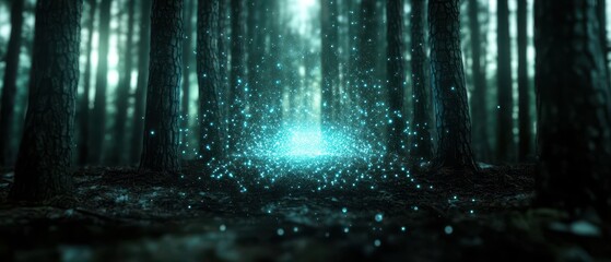 Enchanted Forest with Glowing Magical Lights Amidst Tall Trees in a Mystical Atmosphere