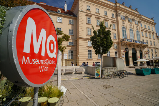 vienna , austria ,  08 08 2024 : sign of the MuseumQuartier , popular square with museums