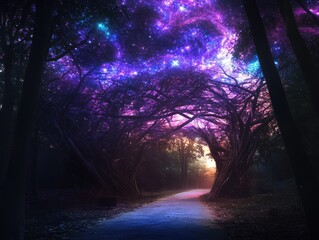 Obraz premium Enchanted Forest Pathway Under a Starry Night Sky with Vibrant Cosmic Colors and Twisted Tree Branches