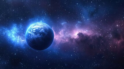 A blue planet in space surrounded by a nebula and stars.