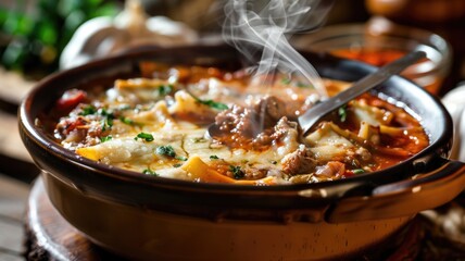 Fototapeta premium Steaming Bowl of Hearty Lasagna Soup with Cheese and Herbs