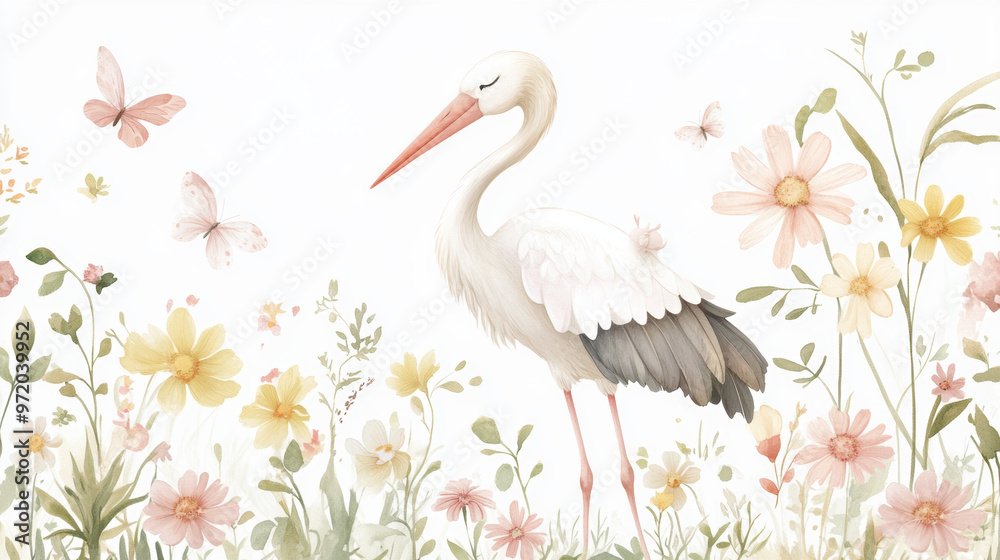 Canvas Prints stork in wildflowers.