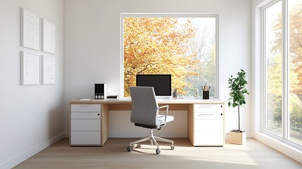 Fototapeta premium A stylish home office with a modern desk, ergonomic chair, and large window letting in natural light. The space is fully in focus with deep depth of field, offering ample copy space for text around
