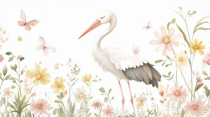 Fototapeta premium Stork in Wildflowers.