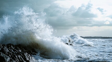 Obraz premium Powerful Ocean Waves Crashing Against Rugged Coastline in Stormy Weather