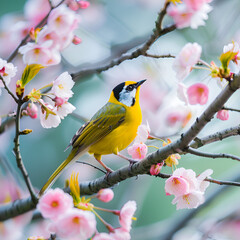 Colorful Bird on Blossoming Branch