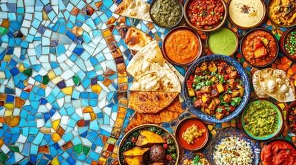 A colorful and diverse spread of Indian food with naan bread, various dips, and different curries.