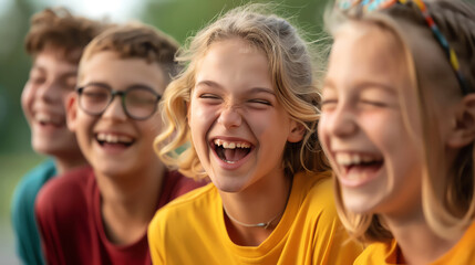 Fototapeta premium Group of diverse teenagers laughing together, vibrant colors, outdoor setting,