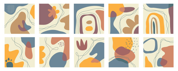 Big Set of Abstract backgrounds. Hand drawn doodle various shapes, leaves, face, spots, drops. Contemporary modern trendy Vector illustrations. Every background is isolated. Pastel colors