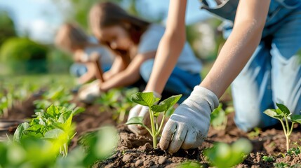 Children gardening in the sun, planting seedlings in fertile soil, nurturing nature through hands-on learning and outdoor activity.