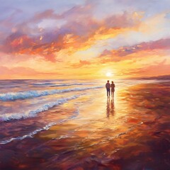 A couple walks along the beach at sunset, the sky and water are full of warm colors.