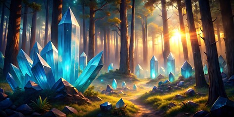 big blue multiple crystal shards in the sunset for the forest