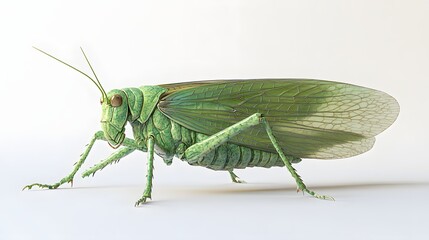 42. A close-up 3D render of a green katydid with detailed wing and body textures, isolated on a pristine white background