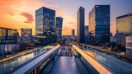 Obraz premium Elevated walkway overlooking modern skyscrapers at sunset