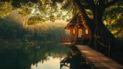 Fototapeta premium Cabin by the Lake in a Tranquil Forest
