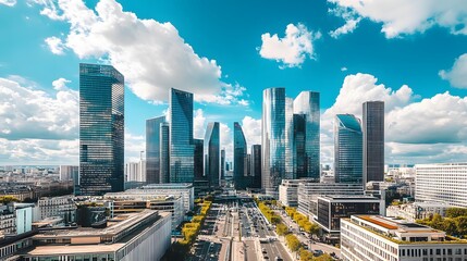 Fototapeta premium A View of Modern Glass Skyscrapers in a City Under a Clear Blue Sky with White Clouds
