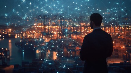 A businessman stands overlooking a busy port at night, with a network of connections overlayed, symbolizing global trade and interconnectedness.