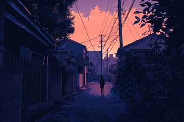 A Person Walking Along A Quiet Residential Street. Cozy Vibe, Generative AI