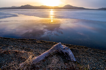冬の湖の朝の湖畔の流木と朝陽。水面に反射する朝の空。北海道の屈斜路湖。