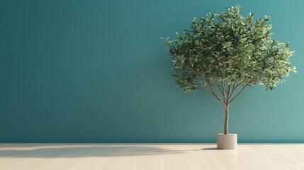 A green leafy plant in a pot on a light wood floor in front of a teal wall.