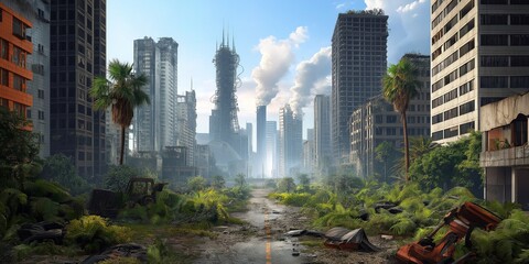 A desolate urban landscape overrun by nature, showcasing crumbling buildings and overgrown vegetation in a post-apocalyptic setting.