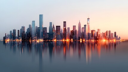 Fototapeta premium A Stunning Urban Skyline Glows Beautifully at Twilight with Reflections on Calm Waters Below