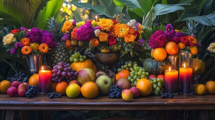 Bountiful Offering Table with Vibrant Fruits, Flowers, and Candles in a Festive Setting