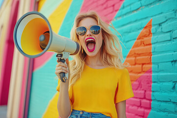 Energetic young woman with sunglasses excitedly shouting into a megaphone by a colorful wall