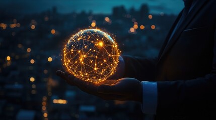 A businessman holds a glowing orb with connected lines, representing global connectivity and digital networks. The cityscape in the background highlights the urban landscape.