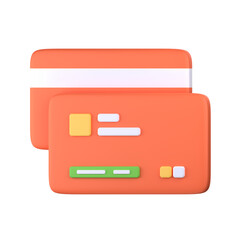 3D illustration of two orange credit or ID cards, This icon symbolizes digital payments, banking, or personal finance management.