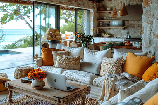 Rustic Tulum Style Home with  Laptop Displaying