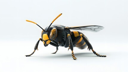 14. A close-up 3D render of a sleek hornet with detailed patterns, isolated on a pristine white background