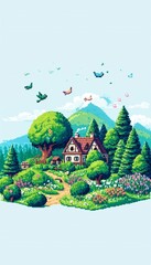 A nostalgic pixel art illustration of a charming pixelated village nestled amidst a lush green landscape