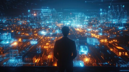 Fototapeta premium A lone businessman stands on a rooftop overlooking a futuristic city, illuminated by glowing digital lines.