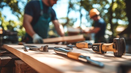 A professional carpenter is working with tools on a wooden table. Tools located next to work equipment become a focal point