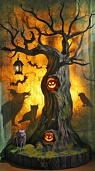 The Halloween display showcases a twisted tree trunk adorned with moss, lantern light casting eerie shadows of owls and wolves