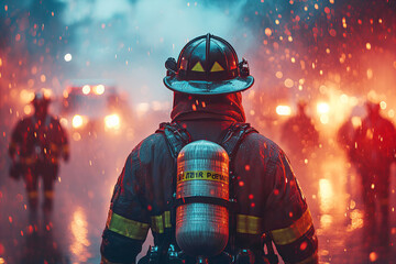 Naklejka premium man in helmet on background of fire, Celebrations the hard work of firefighter on Firefighters Day,