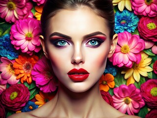 Bursting with bright pink, glossy lips, bold eyeliner, and a backdrop of graphic flowers, emphasizing femininity and playful pop art flair.