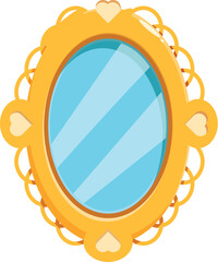 Golden oval vintage mirror with heart shaped ornaments reflecting light blue sky, perfect for interior design projects or fairy tales