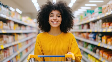 Happy young women pushing a shopping cart in a supermarket., concept of retail sales, discounts and online offers, news, shopping and consumerism