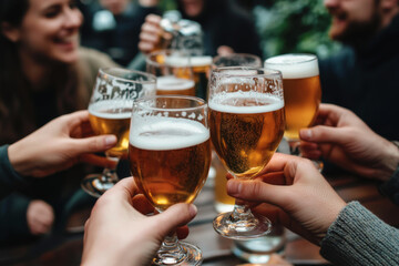 Hands holding beer glasses clinking together in bar. Group of friends having fun and drinking beer