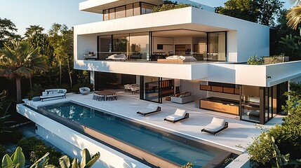 Fototapeta premium High-end modern villa exterior panorama. Generative AI.