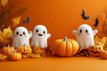 Cute Halloween scene with playful ghosts and cheerful pumpkins, Jack o’ Lanterns, flying bats, cheerful ghosts, cute ghosts, orange backdrop, Halloween wallpaper