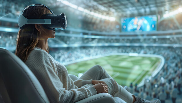 One people sitting in armchairs, wearing VR headsets and interacting with the holographic game field that is an outdoor football stadium, A football match is going on in the holographic screen.