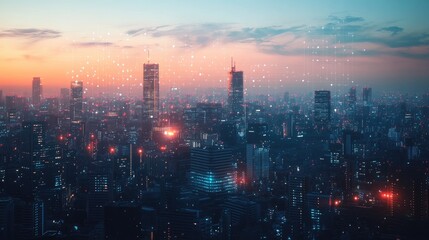 Fototapeta premium A panoramic view of a modern city skyline at sunset, with a network of glowing dots representing connectivity and digital communication.