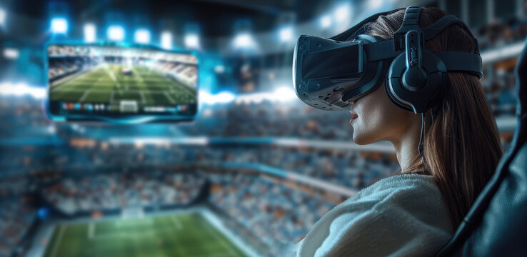 One people sitting in armchairs, wearing VR headsets and interacting with the holographic game field that is an outdoor football stadium, A football match is going on in the holographic screen. - Powered by Adobe