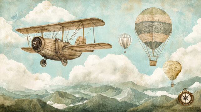 Vintage Airplane & Hot Air Bal