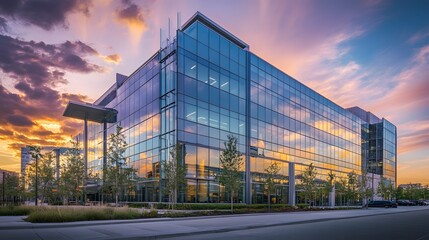 Modern Glass Office Building Reflecting Sunset Sky