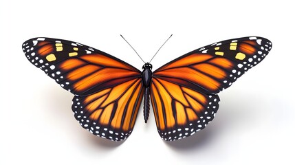 Obraz premium 1. A realistic 3D render of a colorful Monarch butterfly, wings spread wide, isolated on a pristine white background